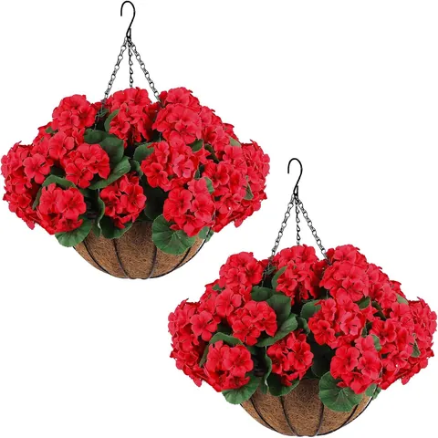 Artificial Red Geranium Hanging Basket Silk Flowers With Coconut Liner Iron Frame For Home Garden Patio Outdoor Decor