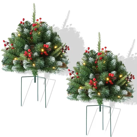 Künstliche Weihnachtsbaum-Stecker Mit Beflockten Schneenadeln Rote Beeren Tannenzapfen LED-Leuchten Für Garten Und Hof Deko