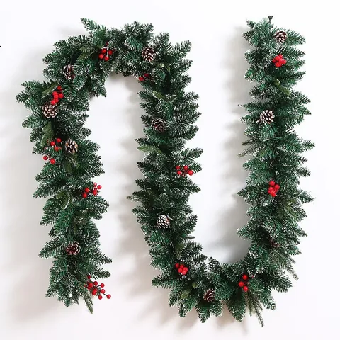 Kunstmatige Kerstslinger Met Rode Bessen Dennenappels Gevlokte Dennennaald Wijnstok Voor Vakantie Huis Trap Decoratie