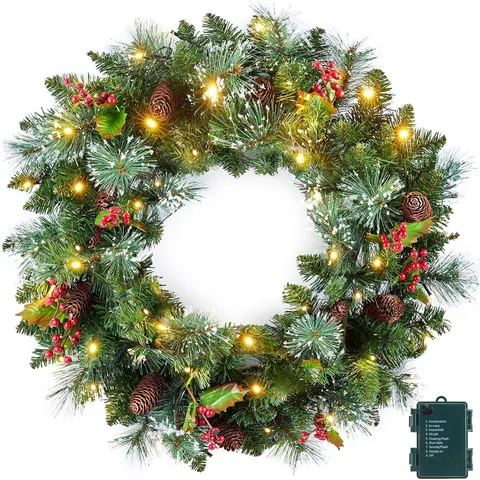 Artificial Christmas Wreath With LED Lights Pine Cones Red Berries Snowy Pine Needle Garland For Home Front Door Wall Decor