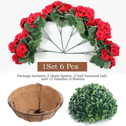 Artificial Geranium Hanging Basket Silk Flowers With Coco Liner Metal Chain Hanging Plant Pot For Garden Patio Decor