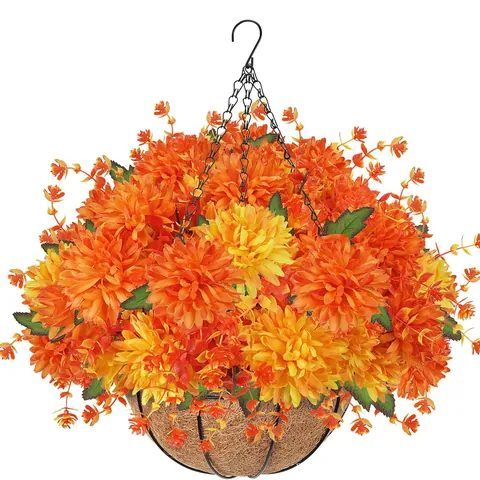 Cesto di Fiori Sospesi Artificiali di Dalia e Mum Con Rivestimento in Fibra di Cocco Supporto in Ferro Fiori Autunnali Arancione Giallo Decorazione Giardino Esterno