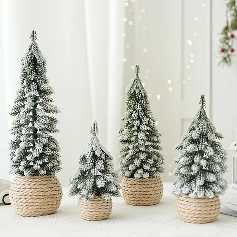 Mini Beflockter Weihnachtsbaum Mit Geflochtenem Sockel Schneebedeckte Zeder Tannenbaum Für Tisch Winter Urlaub Deko