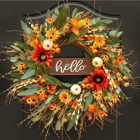 Ghirlanda Autunnale con Girasoli e Zucche con Targa in Legno Hello Foglie di Acero Artificiali Bacche per Porta di Casa