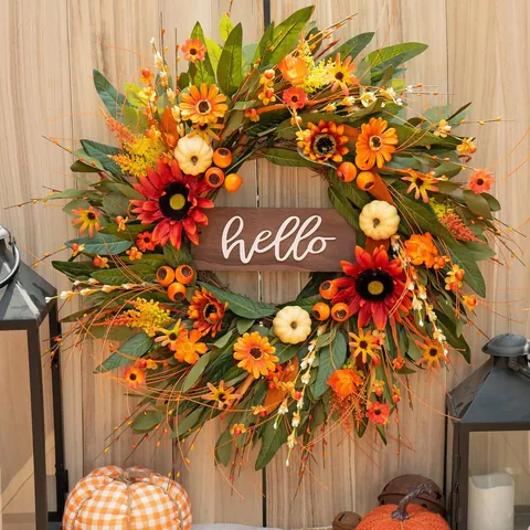 Ghirlanda Autunnale con Girasoli e Zucche con Targa in Legno Hello Foglie di Acero Artificiali Bacche per Porta di Casa