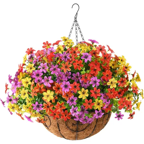 Cesto Appeso di Fiori Artificiali Con Fodera in Fibra di Cocco Catena di Metallo Fiori in Plastica Resistenti ai Raggi UV per Casa Giardino