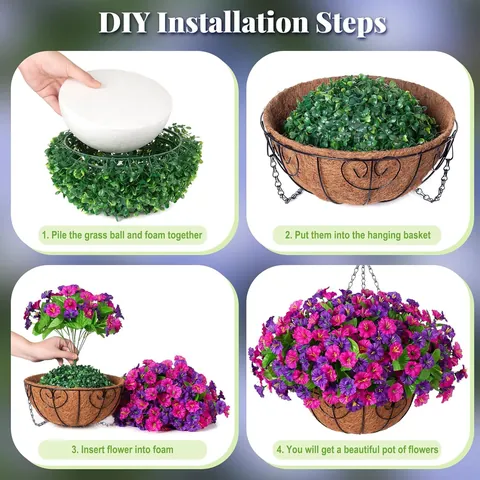 Cesto Appeso di Ipomoea Artificiale con Fiori di Raso e Rivestimento in Cocco Catena di Metallo per Casa Giardino