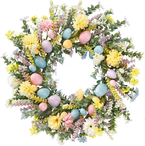Osterkranz Mit Bunten Ostereiern Und Frühlingsblumen Künstliche Grüne Blätter Für Haustür Wandbehang Dekoration