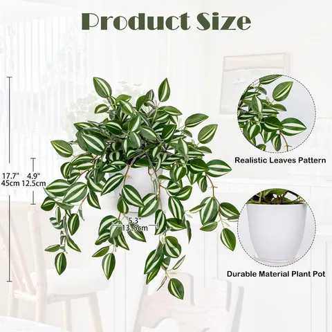 Realistic Artificial Hanging Plants Striped Leaves Wandering Jew Peperomia In Pot For Home Office Indoor Greenery Decor