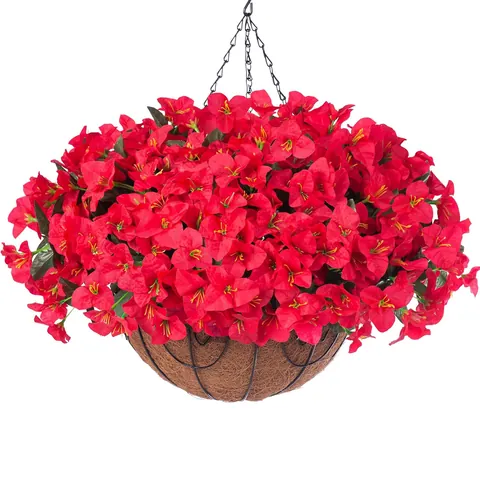 Artificial Bougainvillea Hanging Basket With Coco Coir Liner Metal Chain Silk Flowers For Outdoor Garden Porch Home Decor