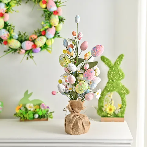 Easter Egg Tree Simulation Floral Decor Artificial Spotted Eggs Burlap Base For Tabletop Party Home Spring Festive Gift