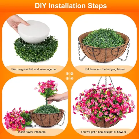 Artificial Hanging Flower Basket With Coconut Fiber Liner And Metal Chain Silk Daisy For Outdoor Garden Porch Decoration