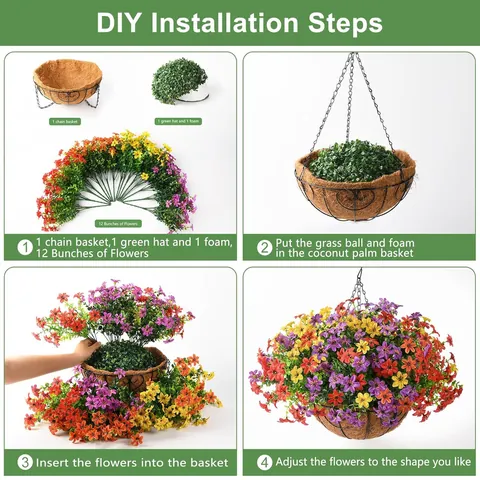 Cesto Appeso di Fiori Artificiali Con Fodera in Fibra di Cocco Catena di Metallo Fiori in Plastica Resistenti ai Raggi UV per Casa Giardino