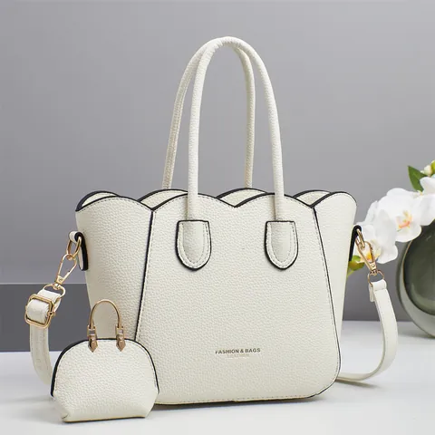 Borsa A Mano Da Donna E Mini Portamonete Trama Litchi Pelle PU Grande Capacità Borsa A Secchiello Bordo Ondulato Tinta Unita