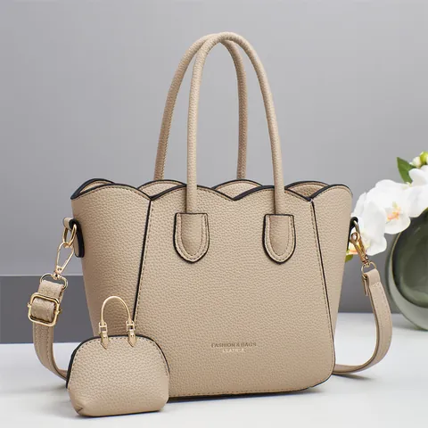 Borsa A Mano Da Donna E Mini Portamonete Trama Litchi Pelle PU Grande Capacità Borsa A Secchiello Bordo Ondulato Tinta Unita