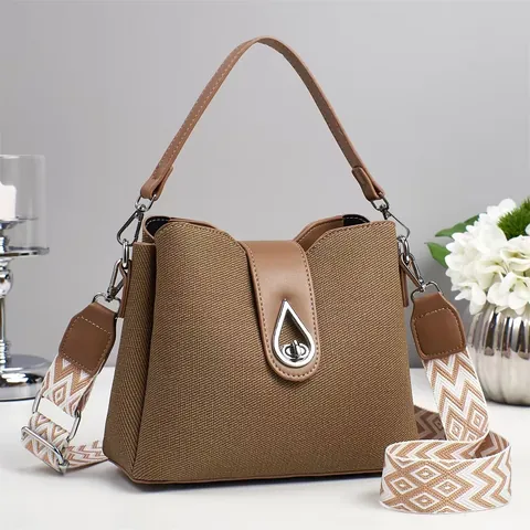 Damen Mode PU Leder Eimertasche Geometrischer Gurtband Mehrlagig Große Kapazität Handtasche Umhängetasche