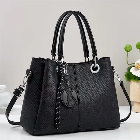 Damen Handtasche Große Kapazität Retro Geometrisch Geprägt Tote Bag PU Leder Schulter Crossbody Bag Mit Rundem Anhänger Griff