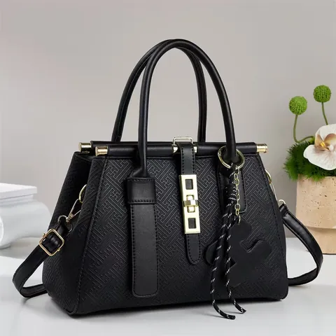 Women's Fashion PU Leather Tote Bag Large Capacity Geometric Embossed Handbag With Gold Hardware Letter Pendant Crossbody Bag