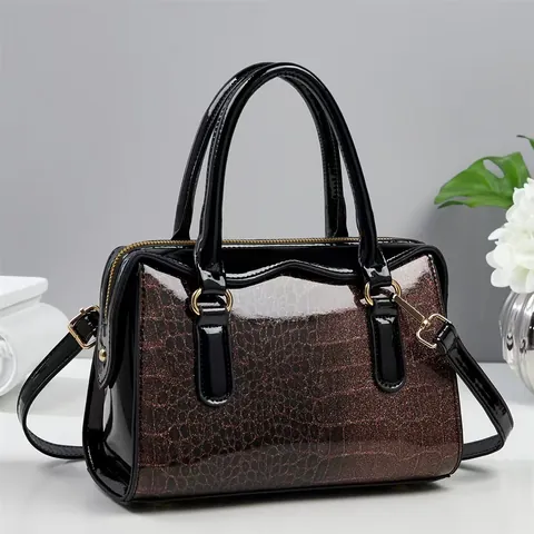 Sac à Main pour Femme en Cuir Verni Motif Crocodile Élégant Brillant Sac Boston pour Femme Bandoulière Avec Poignée