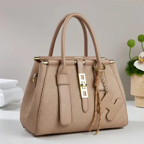 Women's Fashion PU Leather Tote Bag Large Capacity Geometric Embossed Handbag With Gold Hardware Letter Pendant Crossbody Bag