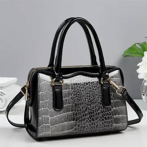 Sac à Main pour Femme en Cuir Verni Motif Crocodile Élégant Brillant Sac Boston pour Femme Bandoulière Avec Poignée