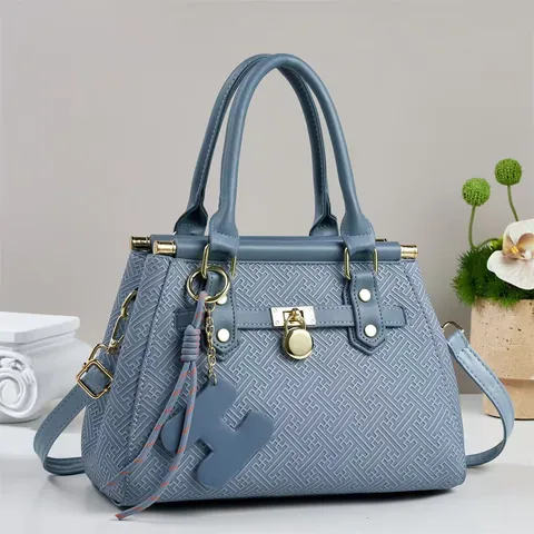 Women's Fashion Geometric Embossed PU Leather Tote Handbag Large Capacity Shoulder Crossbody Bag With Gold Lock And Letter Charm