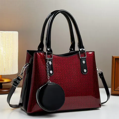 Glitter PU Leather Handbag Women Large Capacity Tote With Small Round Coin Purse Detachable Strap Urban Simple Crossbody