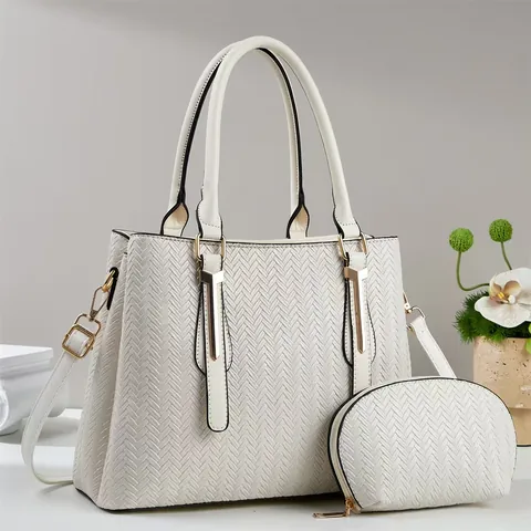 Fashion PU Leather Tote Handbag With Small Pouch For Women Large Capacity Weaving Pattern Retro Shoulder Crossbody Bag