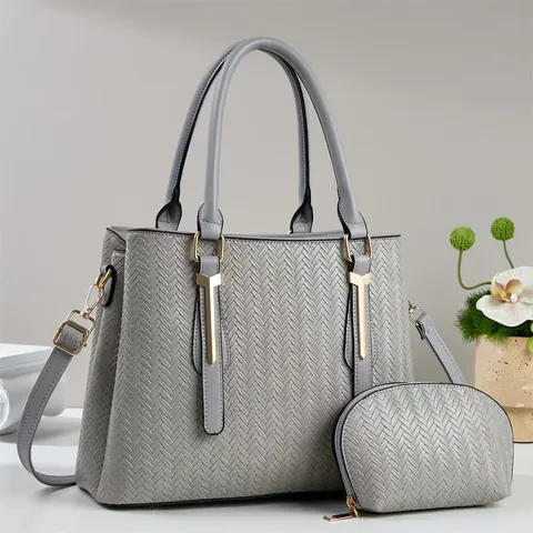 Fashion PU Leather Tote Handbag With Small Pouch For Women Large Capacity Weaving Pattern Retro Shoulder Crossbody Bag