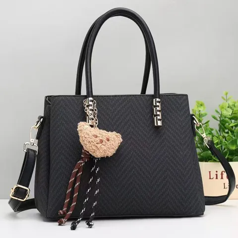 Fashion Women Large Capacity PU Leather Handbag Woven Herringbone Pattern Top Handle Bag With Bear Charm Crossbody Bag