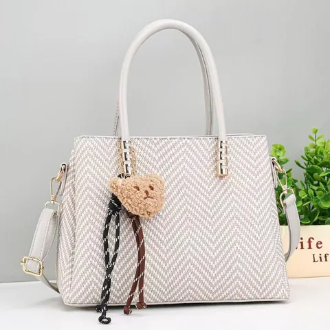 Fashion Women Large Capacity PU Leather Handbag Woven Herringbone Pattern Top Handle Bag With Bear Charm Crossbody Bag