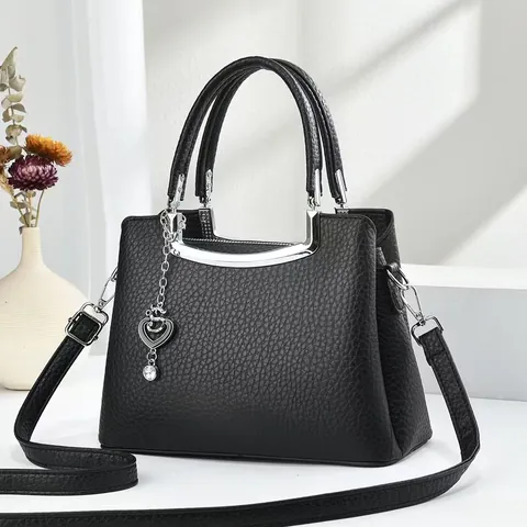 Women Elegant PU Leather Handbag With Litchi Grain Heart Pendant Silver Hardware Fashion Crossbody Bag For Daily Commute