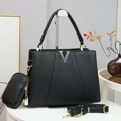 Sac à Main à La Mode Avec Logo V Et Petite Pochette Bandoulière Réglable En Cuir PU Texture Lychee Sac Tote Pour Le Quotidien Femme