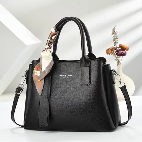 Borsa a Mano in Pelle PU Minimalista Grande Capacità Con Foulard di Raso Grana Litchi Tracolla a Spalla per Pendolari