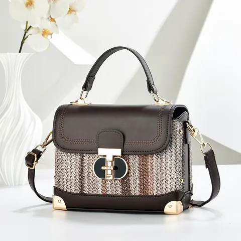 Borsa A Mano Da Donna Pelle PU Tweed Patchwork Manico Superiore Borsa A Tracolla Chiusura Dorata Angoli In Metallo