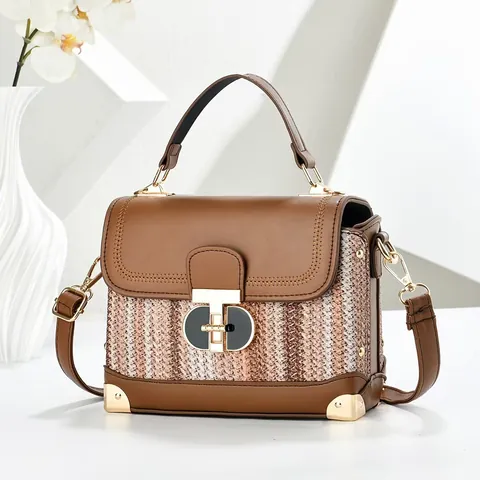Borsa A Mano Da Donna Pelle PU Tweed Patchwork Manico Superiore Borsa A Tracolla Chiusura Dorata Angoli In Metallo