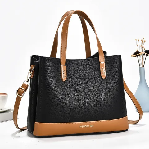 Women Lychee Grain PU Leather Handbag Contrast Color Tote Bag With Adjustable Strap Fashion Large Capacity Commuter Bag