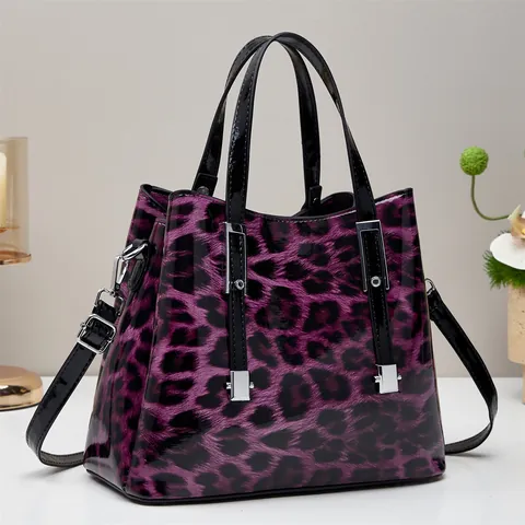 Women Leopard Print Handbag Shiny Patent PU Leather Tote Bag Crossbody With Detachable Strap Fashion Commuter Vintage