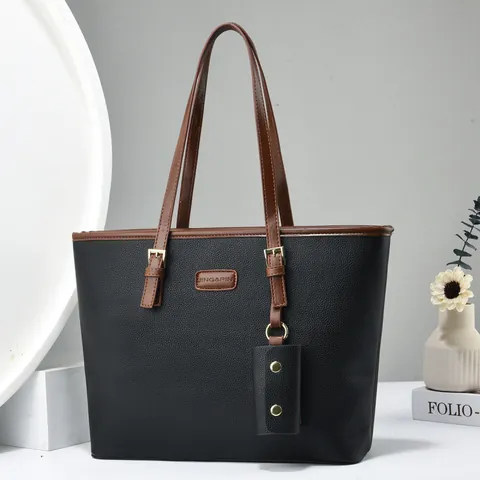 Women Large Capacity PU Leather Tote Bag Litchi Pattern Contrast Color Shoulder Bag With Mini Hanging Purse Commuting Handbag