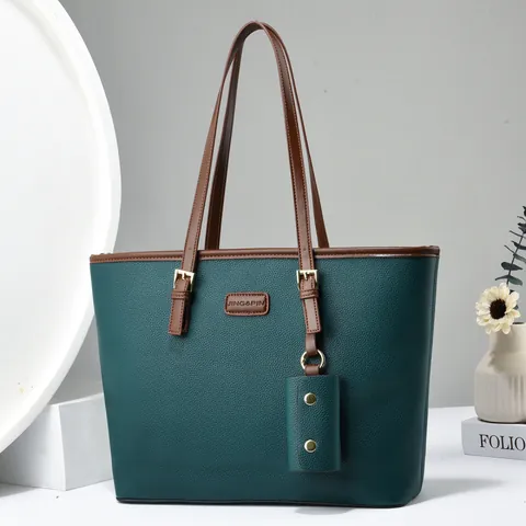 Women Large Capacity PU Leather Tote Bag Litchi Pattern Contrast Color Shoulder Bag With Mini Hanging Purse Commuting Handbag