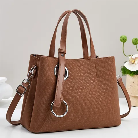 Sac Cabas de Mode en Cuir PU Pour Femmes Grande Capacité Texture Tissée Sac à Main Épaule Avec Décor Anneau en Métal Sac de Trajet
