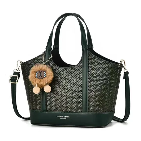 Women Fashion Woven PU Leather Tote Bag Simple Commute Handbag With Plush Charm Versatile Large Capacity Shoulder Purse