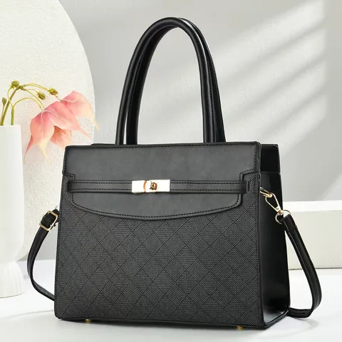 Women Elegant Woven Texture PU Leather Handbag With Gold Metal Lock Large Capacity Commuter Shoulder Bag Crossbody Bag