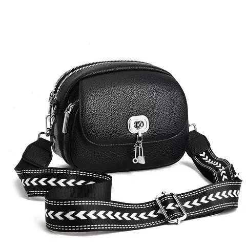 Women Fashion PU Leather Multi Zipper Layer Crossbody Bag With Wide Strap Litchi Grain Small Shoulder Bag Messenger Phone Bag