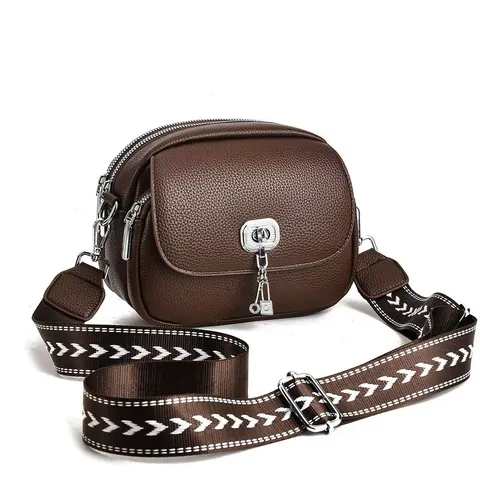 Women Fashion PU Leather Multi Zipper Layer Crossbody Bag With Wide Strap Litchi Grain Small Shoulder Bag Messenger Phone Bag