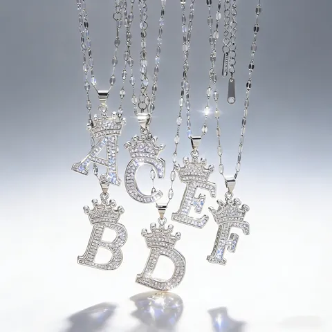 Fashion Copper Zirconia Crown Letter Pendant Necklace Luxury Cubic Zirconia Initial Pendant Necklace For Women Jewelry