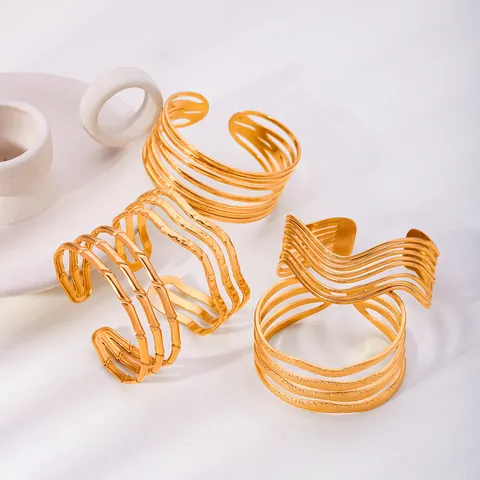 18K Gold Plated Stainless Steel Open Bangle Geometric Layered Hammered Bamboo Wave Adjustable Bracelet For Women Jewelry