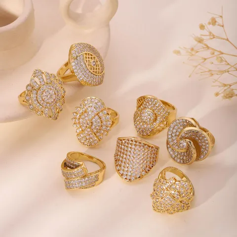 French Vintage Stainless Steel Adjustable Ring For Women Gold Plated Zirconia Geometric Square Round Flower Jewelry