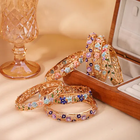 Vintage Hollow Out Enamel Flower Bangle Stainless Steel 18K Gold Plated Cloisonne Floral Bracelet For Women Ethnic Style Jewelry
