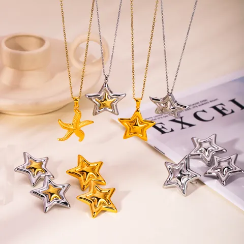 Juego de Joyas de Estrella de Mar de Acero Inoxidable Bicolor Oro Plata Collar con Colgante Pendientes de Botón Anillo Abierto Mujer